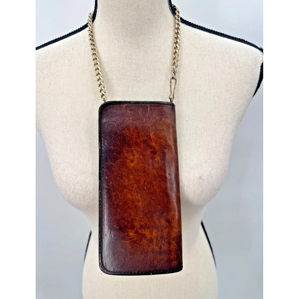 Vintage Full Grain Leather Metal Chain Snap Buttons Bifold Wallet Biker Trucker